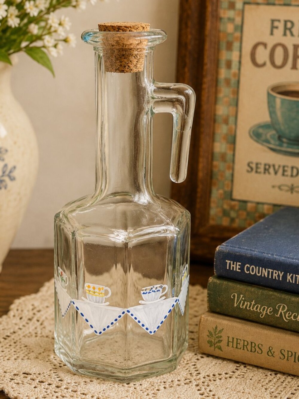 VTG Signed Italian Mod Dep HandPainted Glass Cruet Bottle Decanter Cork Stopper - Picture 1 of 10
